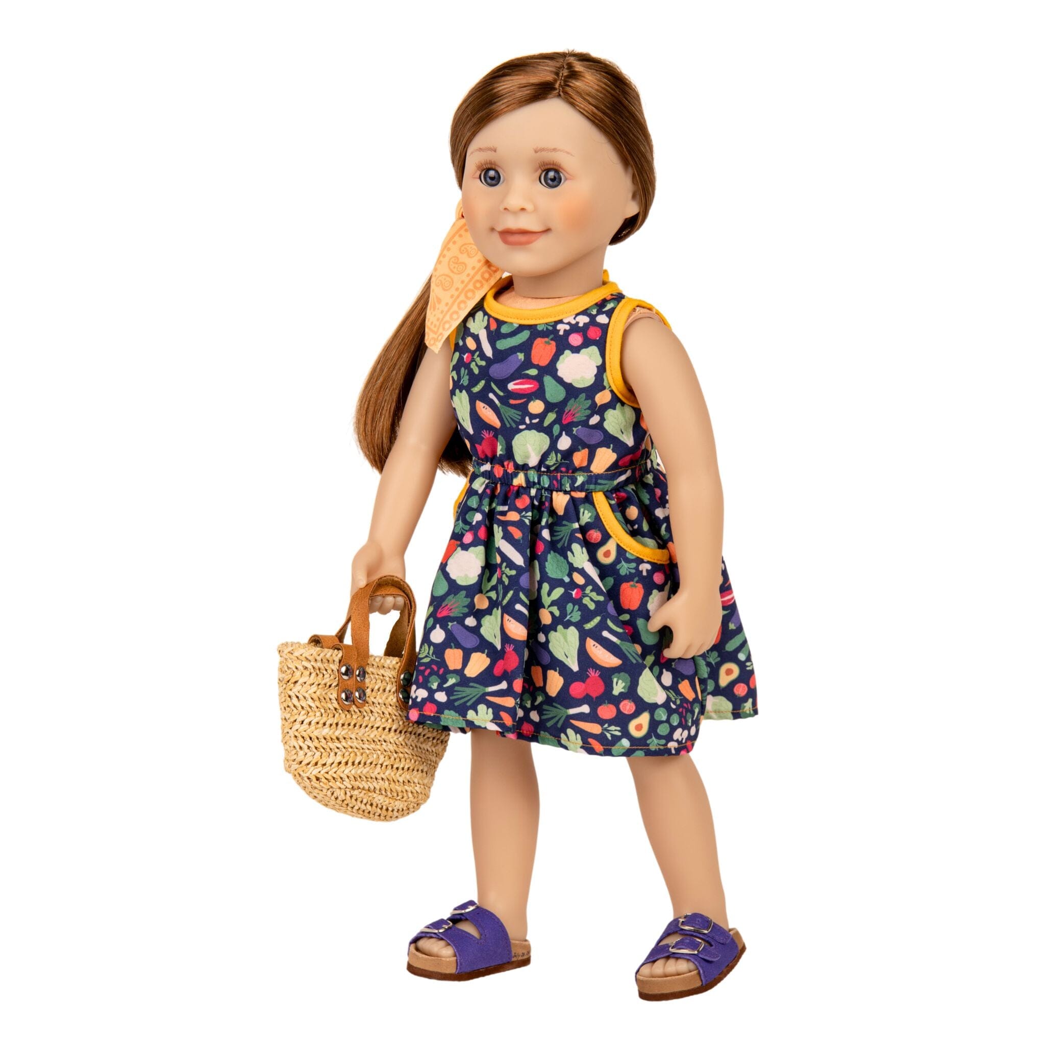 Veggie Vogue: Sundress, Bandana, Straw Bag & Shoes for 18-inch Doll