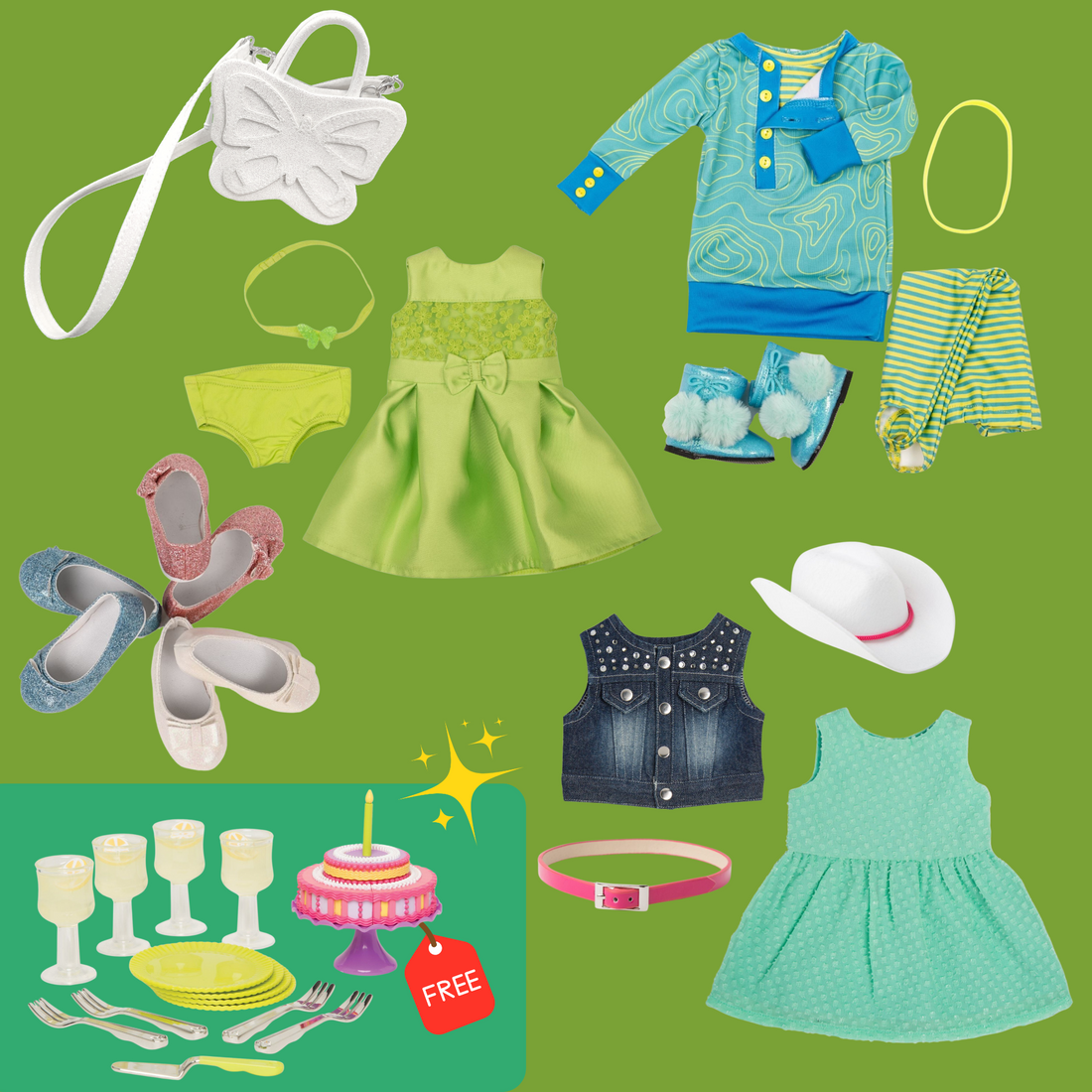 Collection of 18-inch doll Taryn's clothing and accessories.