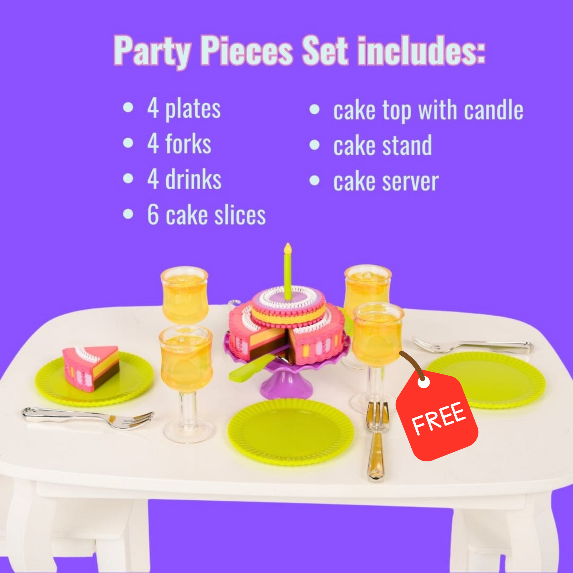 Party pieces play set with tableware and cake on a table for 18-inch dolls