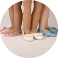 Three pairs 18-inch doll slip-on shoes in pink, white, and blue.