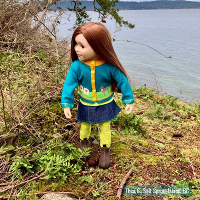 On Salt Spring Island, BC, Charlsea goes for a walk in her Grand Connections sweater set.  Canadian doll.