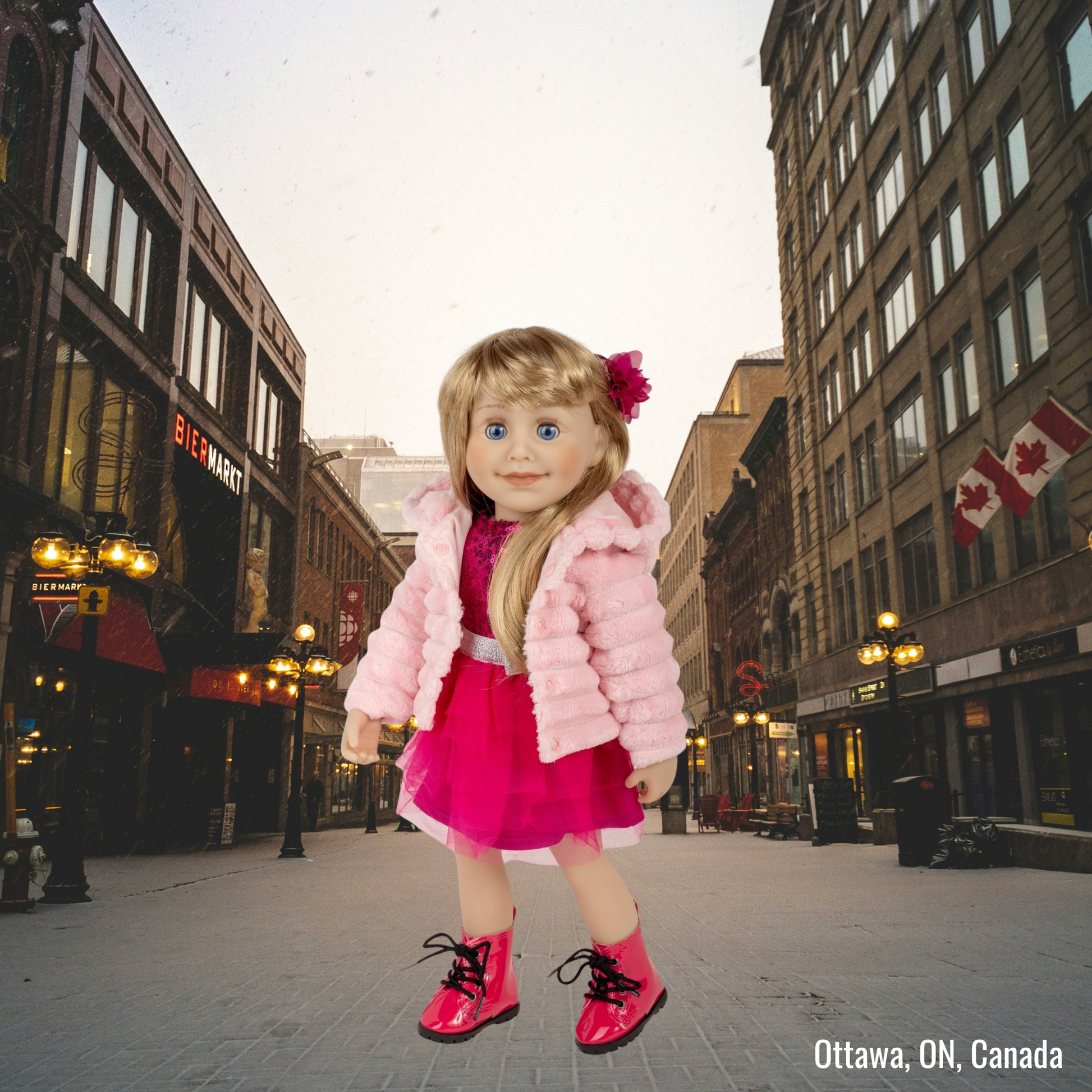 18-inch doll wearing the pink gala glitz dress set on canadian background