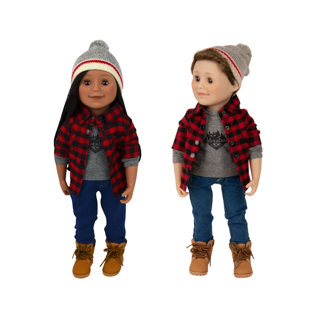 boy and girl doll wearing muskoka lumberjacket set 