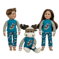 blue matching doll pajamas with polar bear and moose on a sled