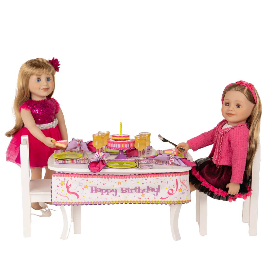 18-inch doll wearing the pink gala glitz sparkly dress set