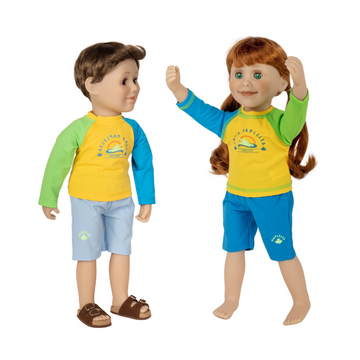 boy and girl 18-inch dolls wearing the keep on kayaking swim wear set