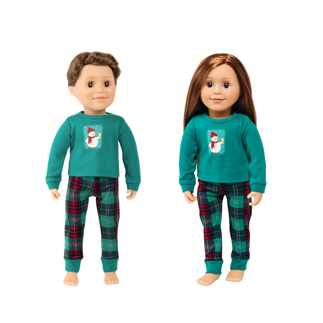 two 18-inch dolls wearing go with the snow pajama set