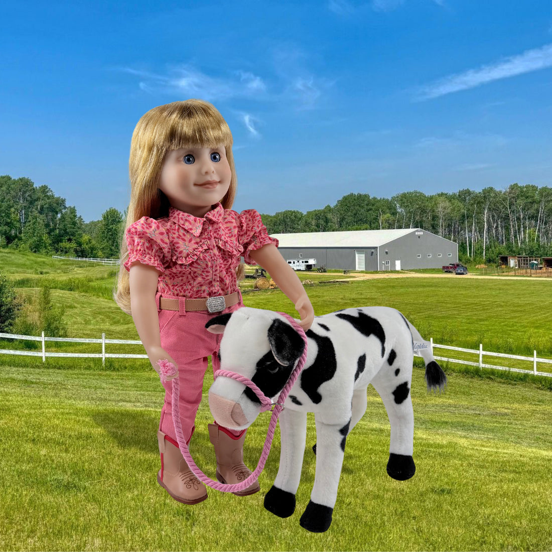 Plush poseable high quality cow with pink halter. Fits all  18 inch dolls. Maplelea.com