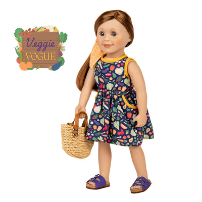 Veggie Vogue: Sundress, Bandana, Straw Bag & Shoes for 18-inch Doll