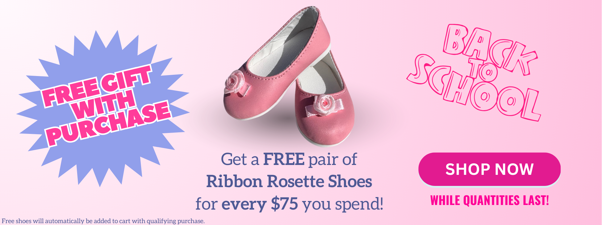Promotional banner for ribbon rosette shoes with a free gift offer.