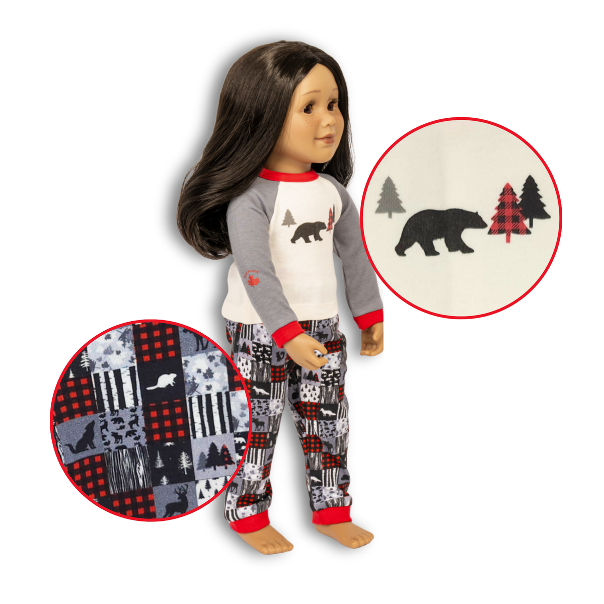 A doll wearing a two-piece pajama set with a white and gray long-sleeve top featuring a black bear graphic, matching patterned pants, and red trim. Two circular inset detail callouts highlight the top and pants patterns against a white background.