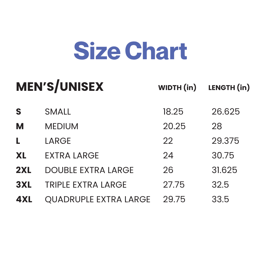 Adult comfort colours sizing chart for sizes unisex small, up to unisex 4XL.