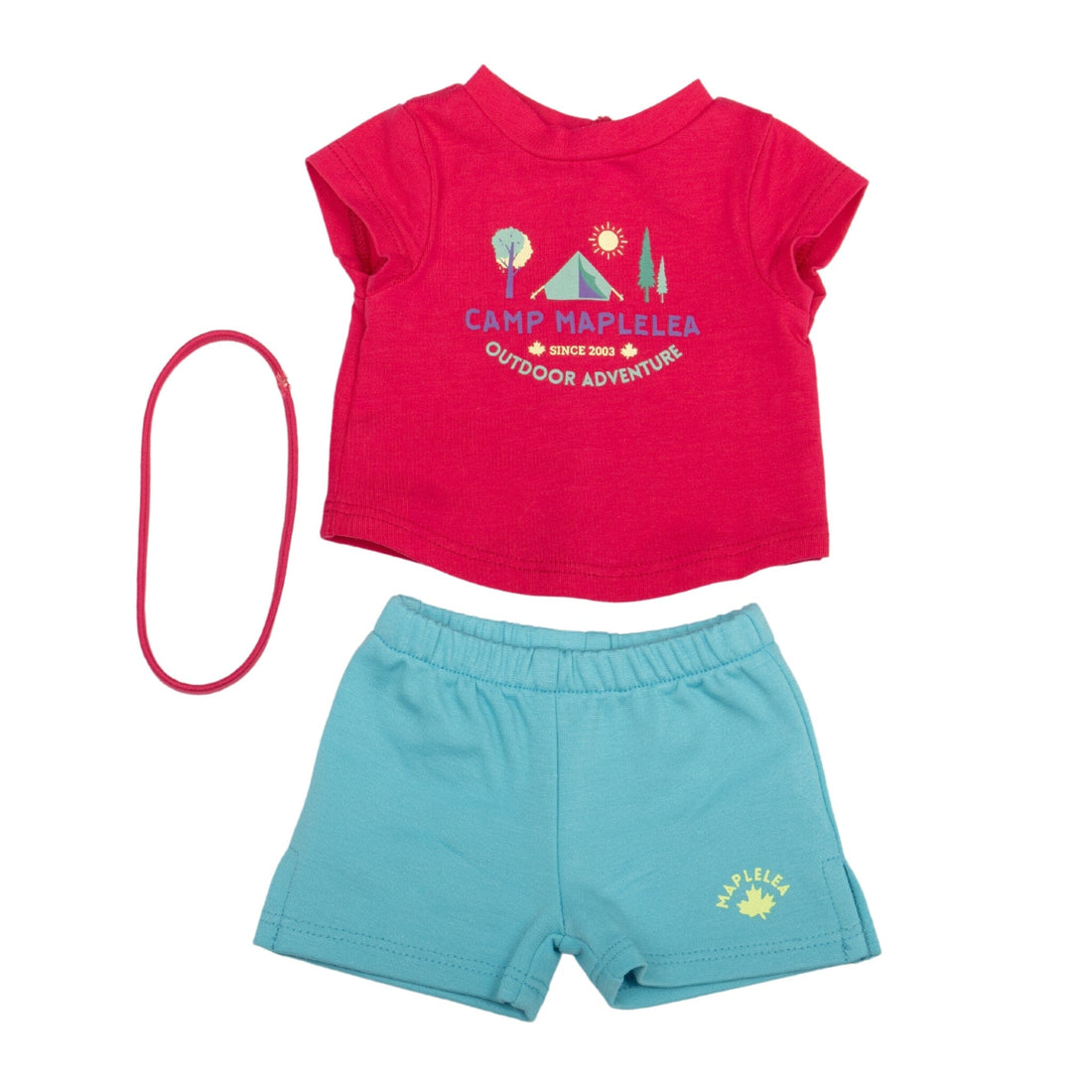 18-inch maplelea doll wearing camp outfit with headband t-shirt and shorts with butterfly runners.