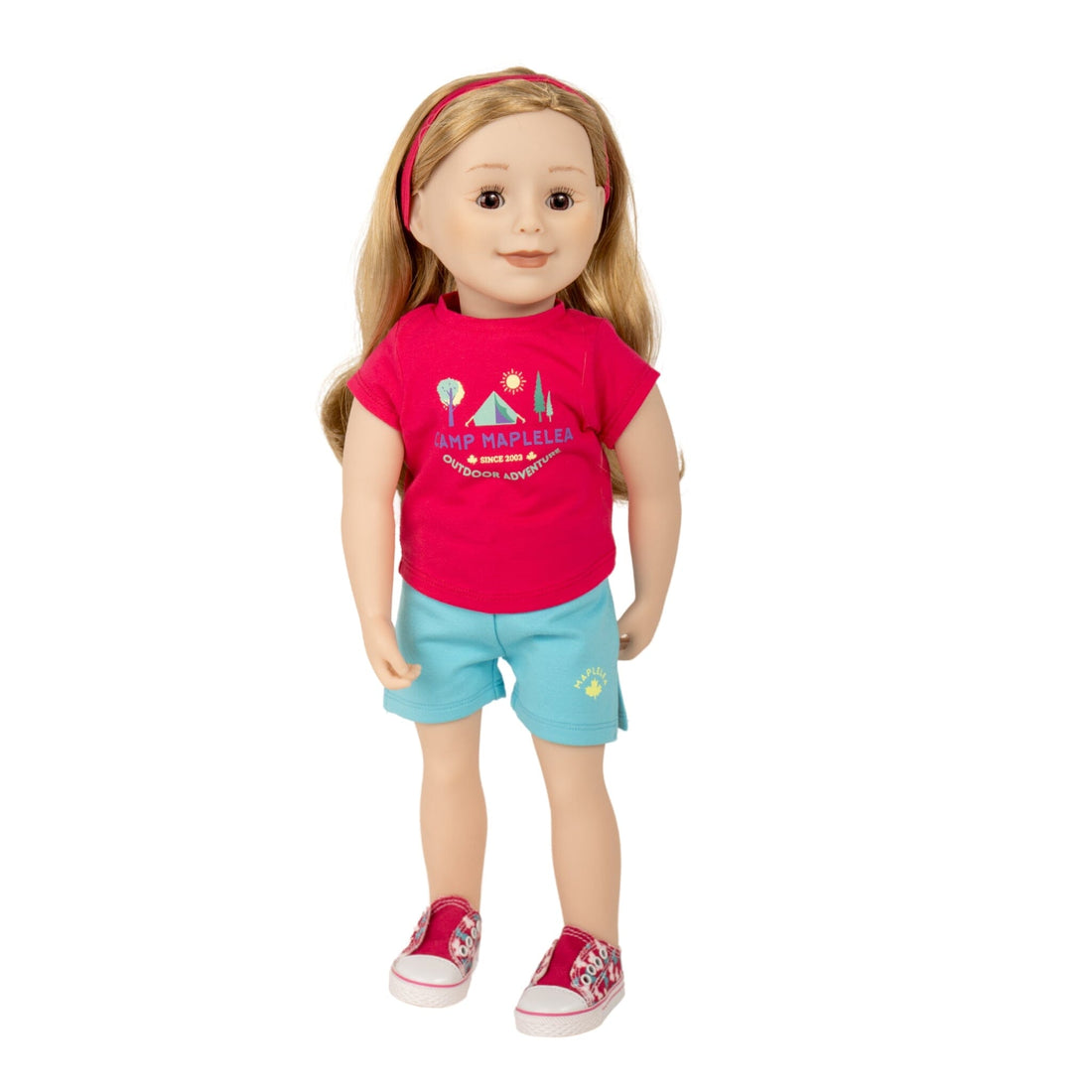 18-inch maplelea doll wearing camp outfit with headband t-shirt and shorts with butterfly runners.