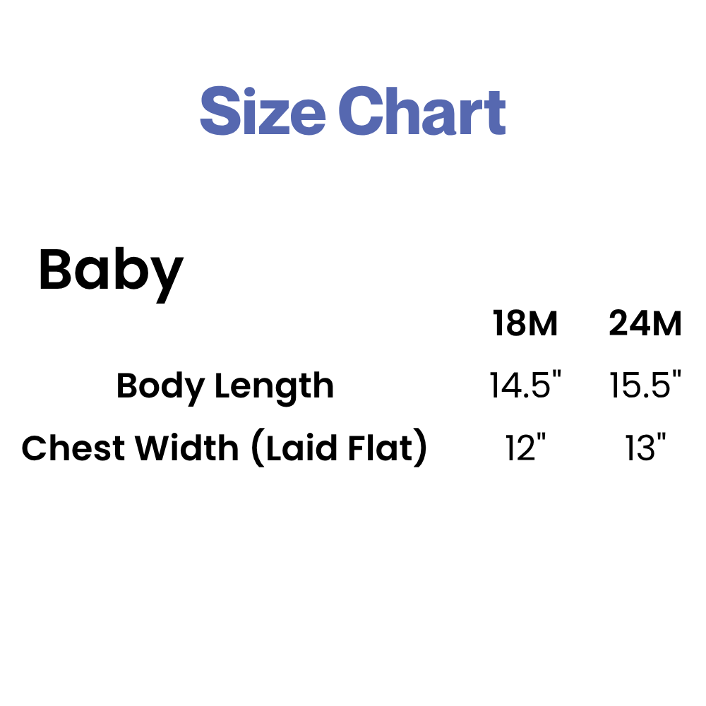 Baby T-shirt size chart on a light gray background. The chart lists two sizes, 18M and 24M. For size 18M, body length is 14.5 inches and chest width (laid flat) is 12 inches. For size 24M, body length is 15.5 inches and chest width (laid flat) is 13 inches. The title “Size Chart” appears at the top, with “Baby” as the category heading.