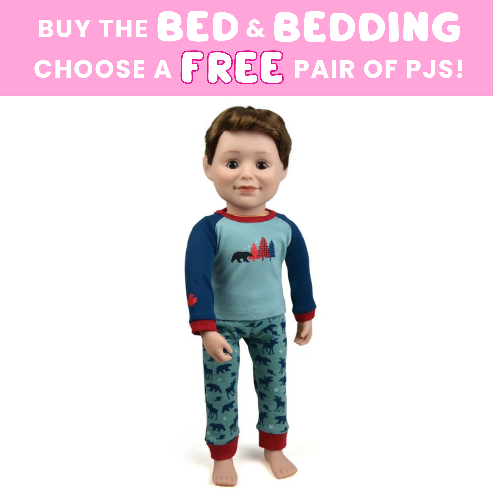 Doll pyjama set with a promotional message on a white background