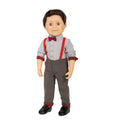 18-inch boy doll wearing rural roots set with plaid detailing and bow tie