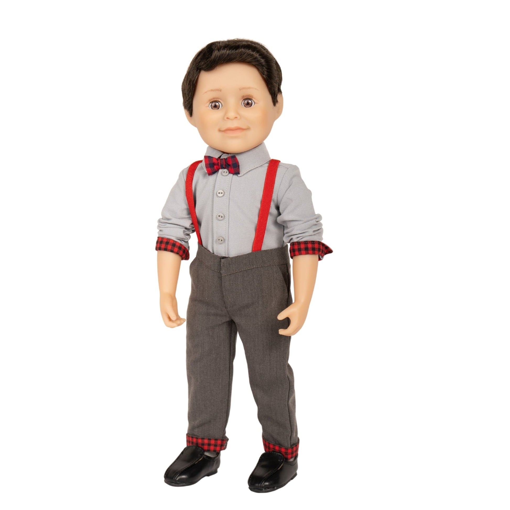 18-inch boy doll wearing rural roots set with plaid detailing and bow tie