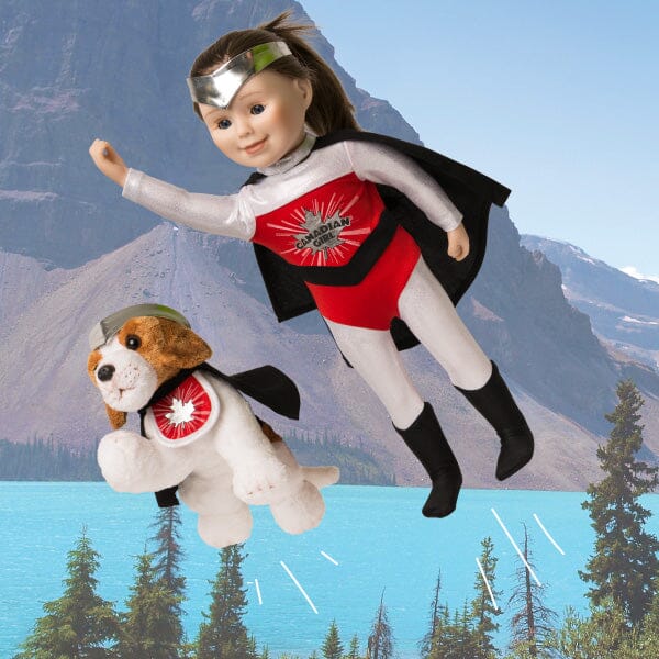 18-inch Maplelea doll and her dog dressed in Canadian Girl and Canadian Pup superhero costumes