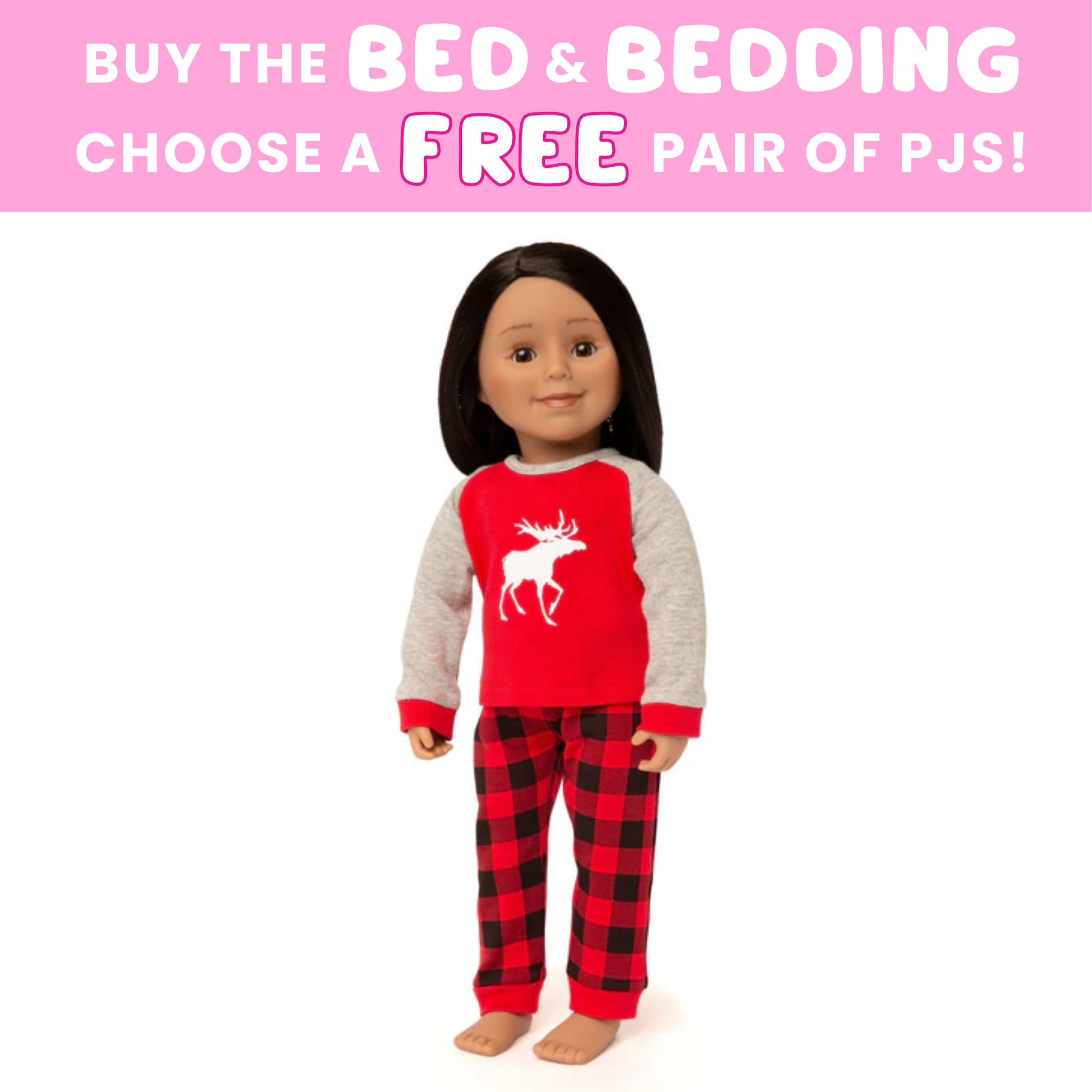 Doll wearing red and grey pyjamas with a moose design on a white background.