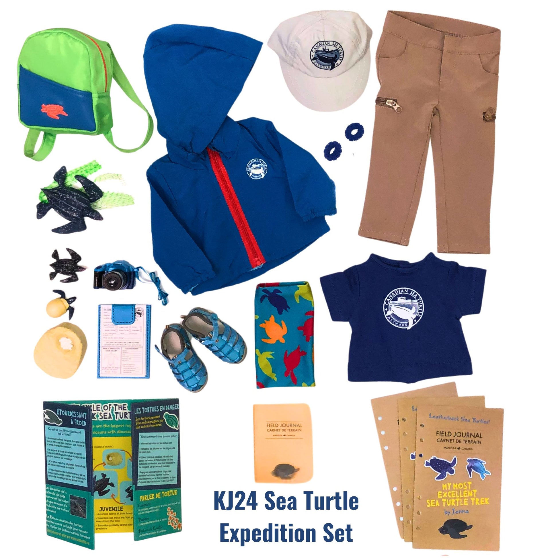 flat image of all the components of the KJ24 sea turtle expedition set in front of white background.