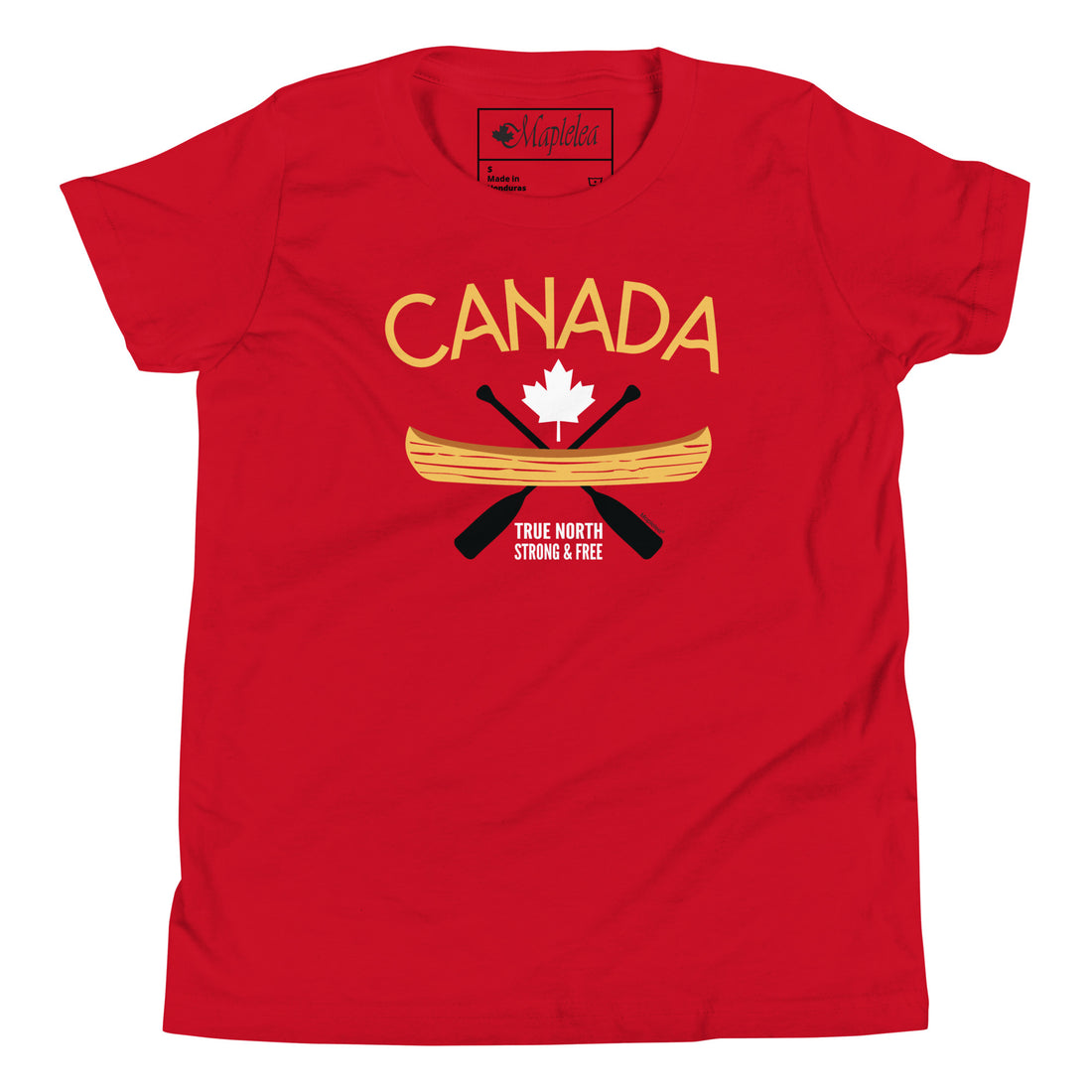 Smiling child wearing a red “Canada” graphic T-shirt against a light gray background. The shirt features a yellow canoe, crossed black paddles, a white maple leaf, and the words “Canada” and “True North Strong & Free.” The child stands facing forward, showcasing the front design of the youth T-shirt.