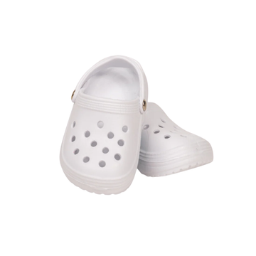 Maplelea white foam clogs for 18-inch dolls with ventilation holes and ankle strap for security.