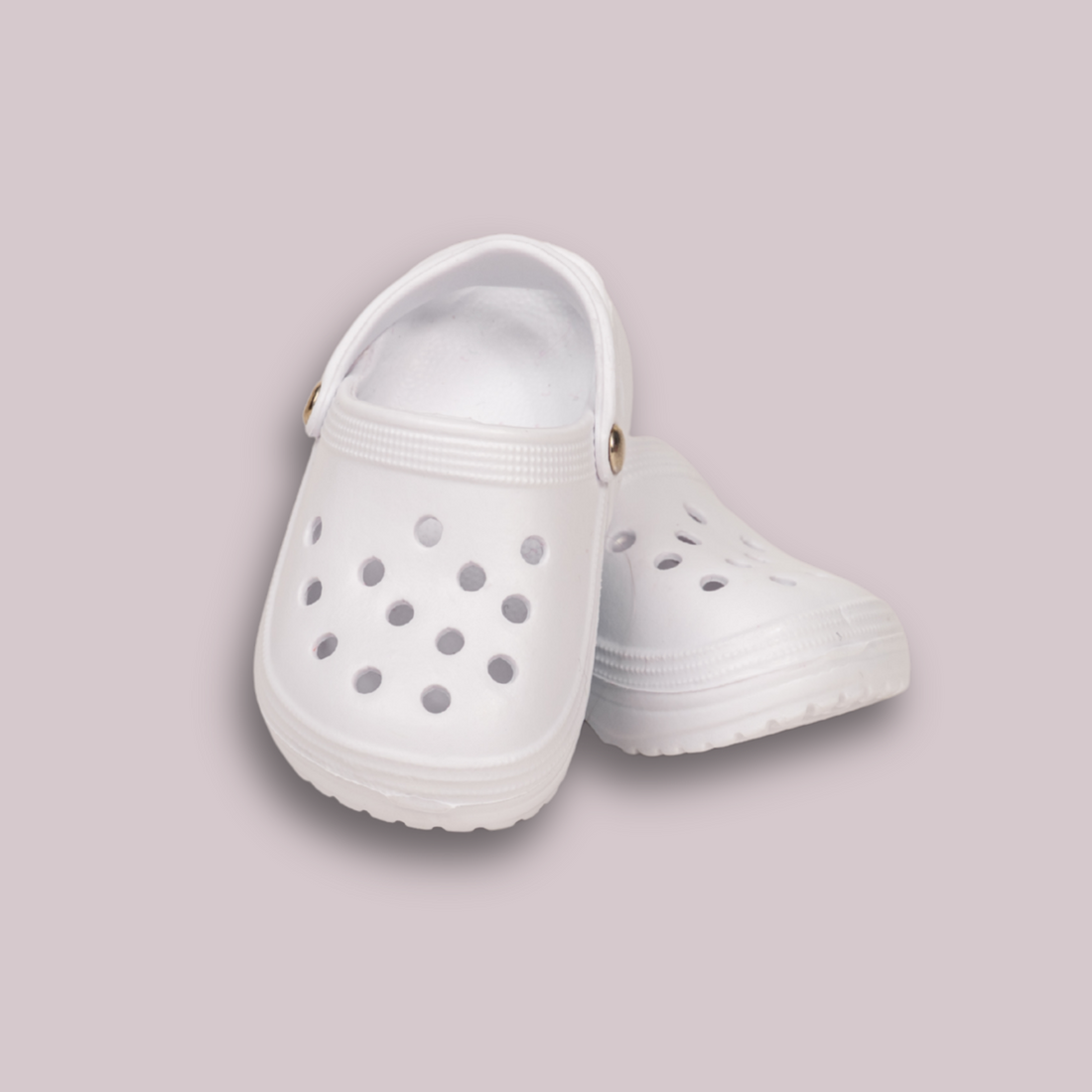 Maplelea white foam clogs for 18-inch dolls with ventilation holes and ankle strap for security.