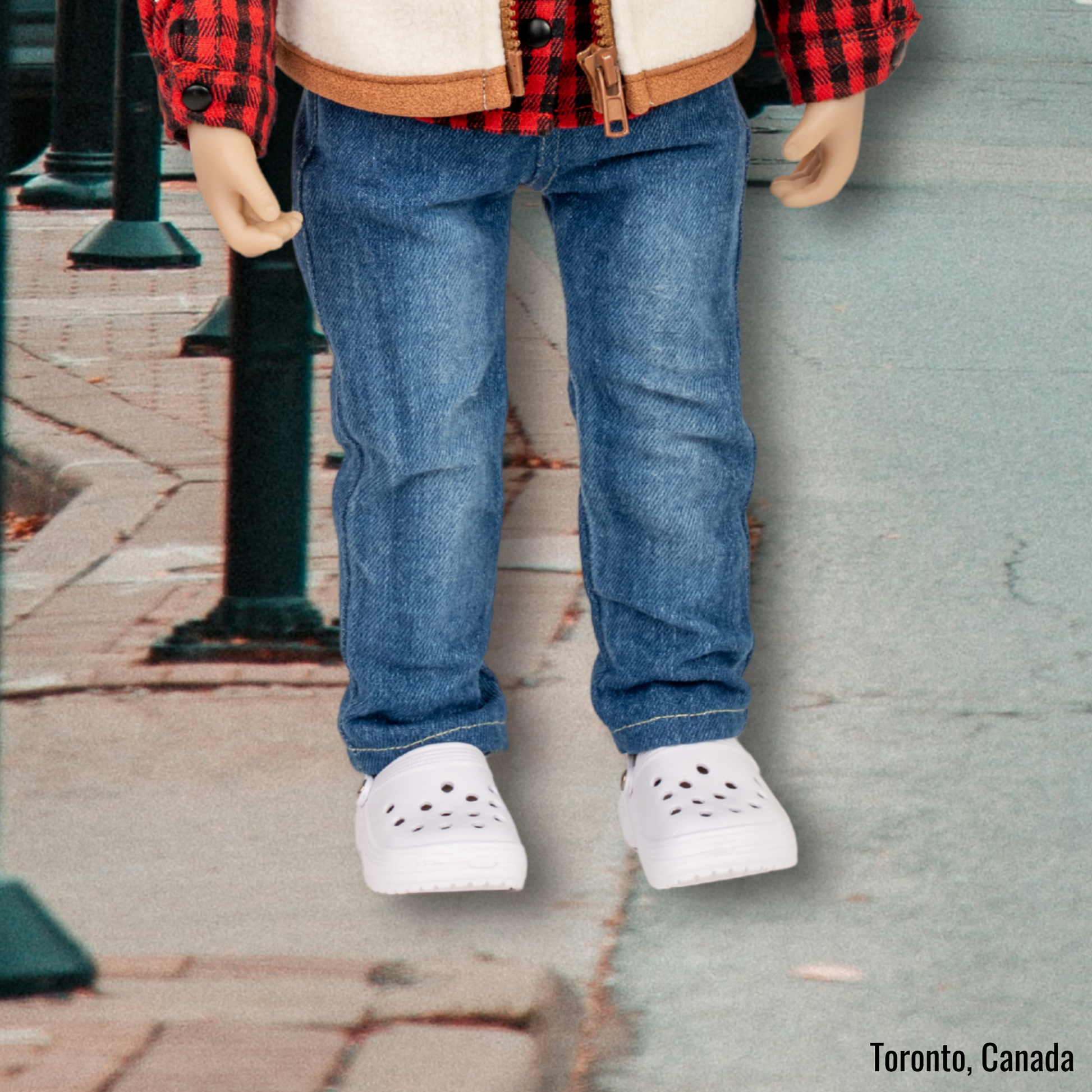 Maplelea white foam clogs for 18-inch dolls with ventilation holes and heel strap on an 18-inch doll in Toronto.