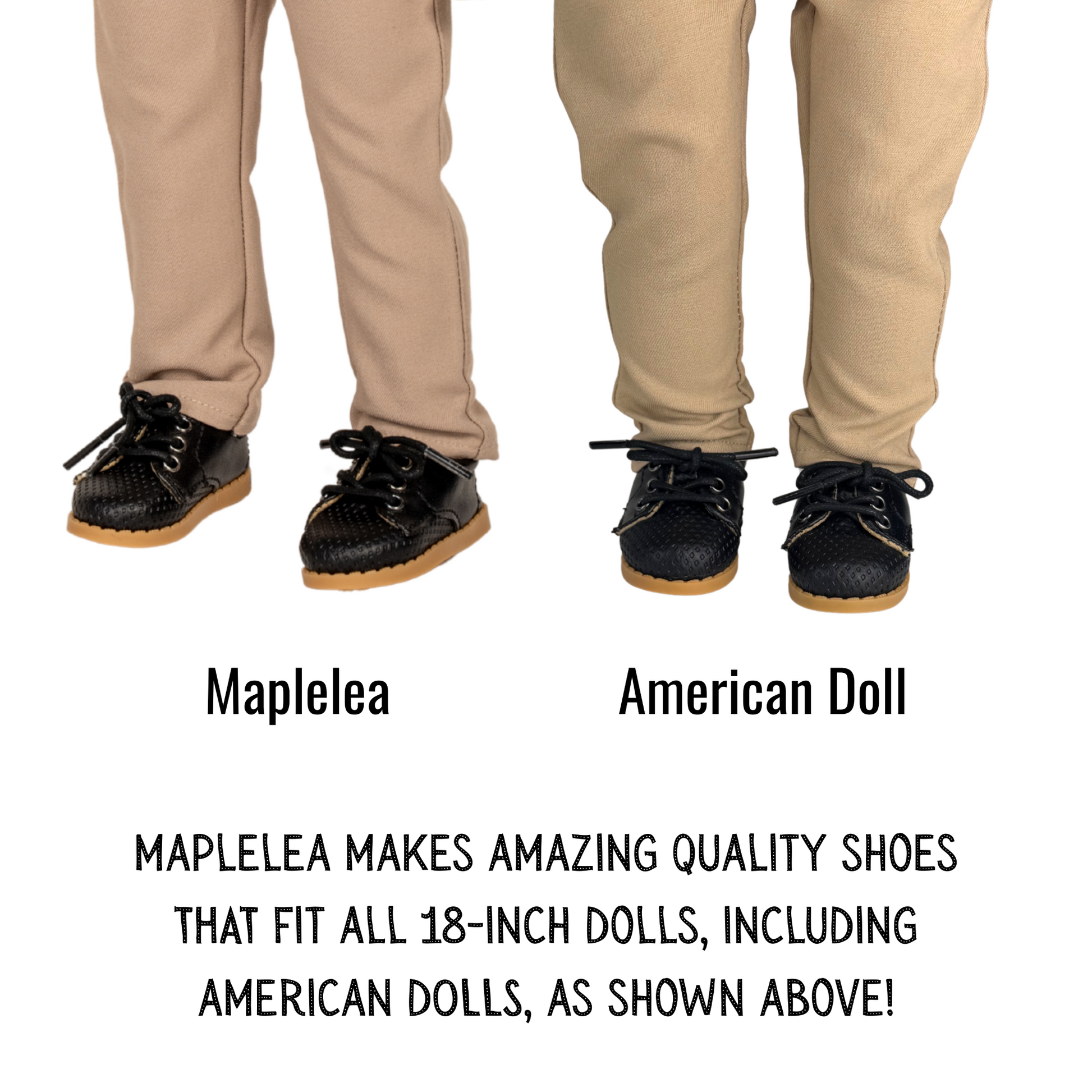 Maplelea doll and American doll wearing Maplelea's black laced shoes with real tie-up laces.