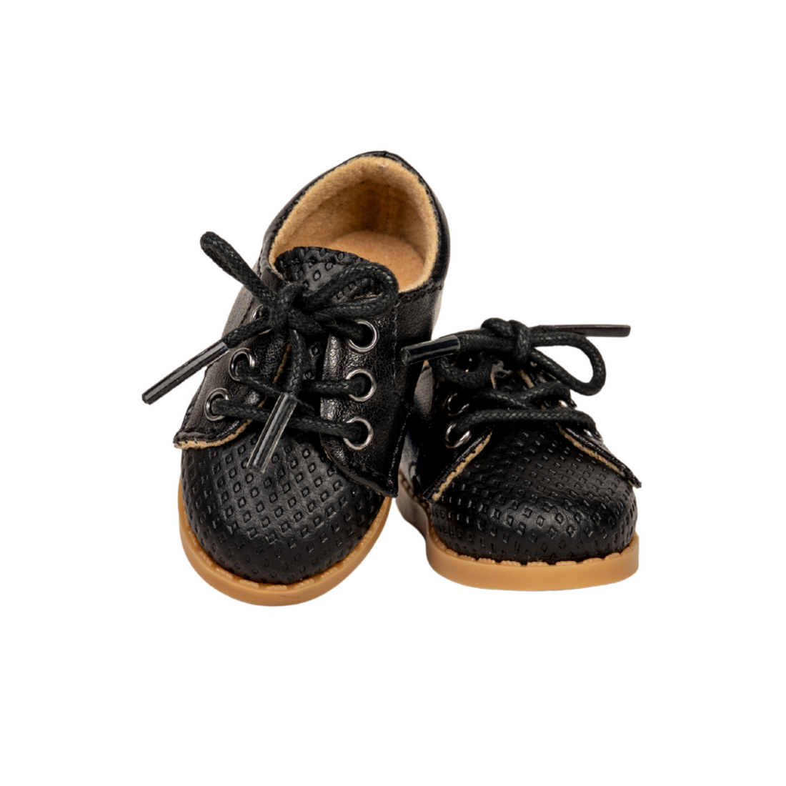 Pair of black lace-up 18-inch doll shoes with brown soles by Maplelea.