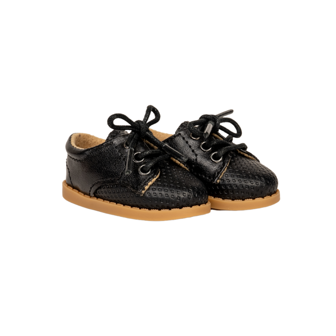 Pair of black lace-up 18-inch doll shoes with brown soles by Maplelea.