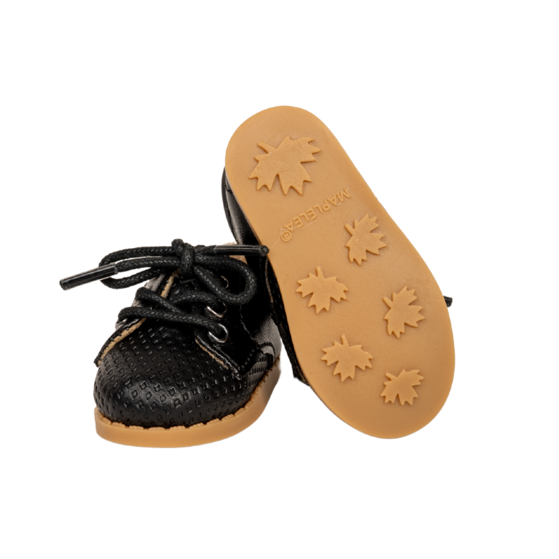 Pair of black lace-up 18-inch doll shoes with brown soles by Maplelea.