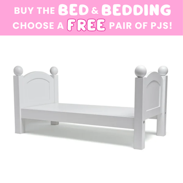 White bed with a pink promotional banner offering free PJs with bedding and bed purchase.