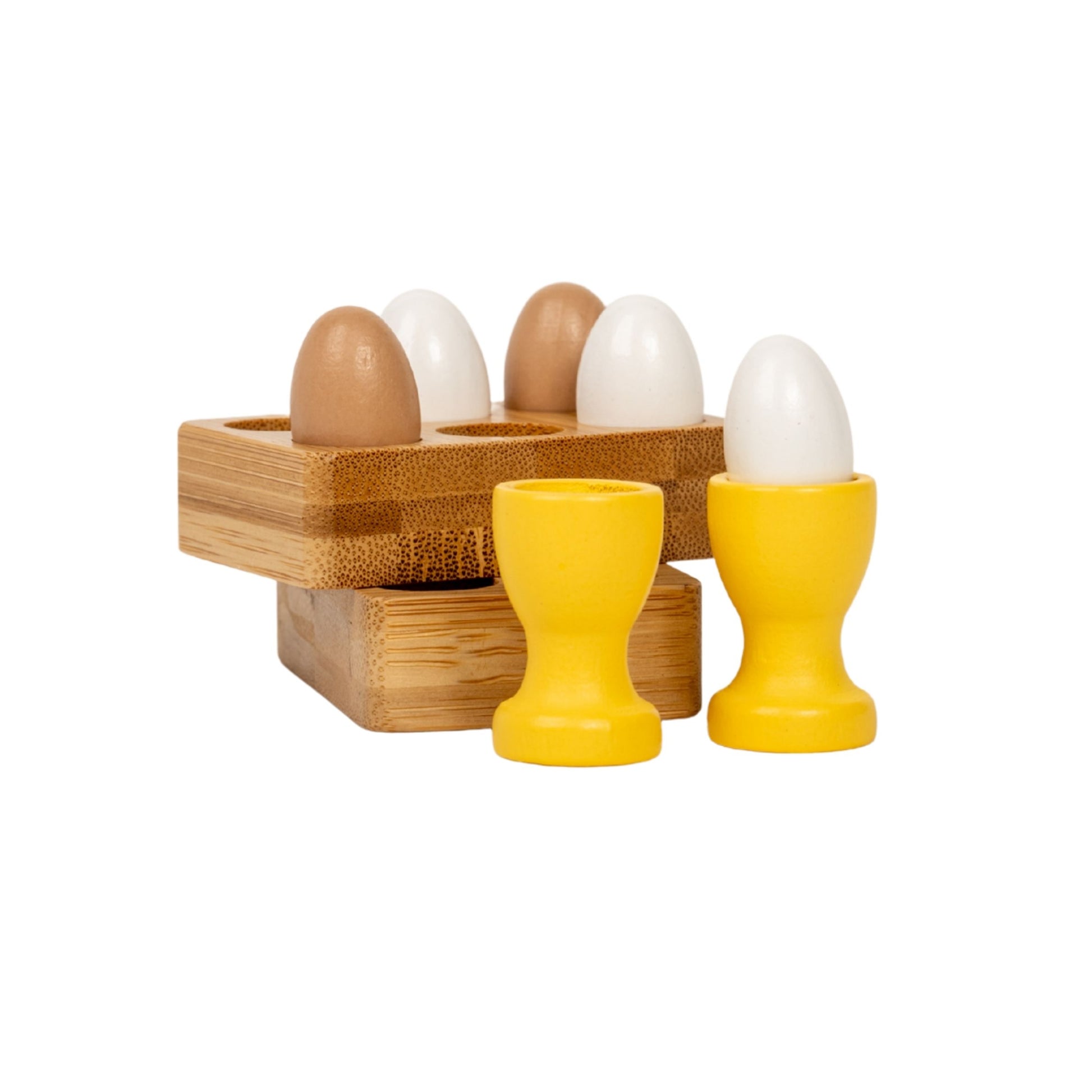 Wooden egg holder with eggs and egg cups for fun doll play.