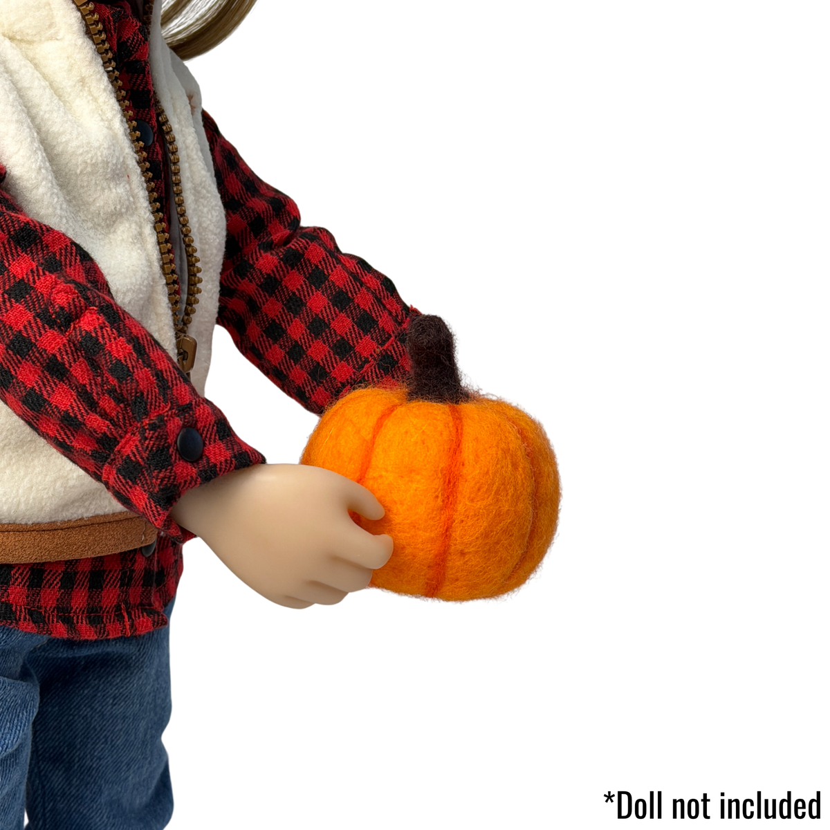 Set of 3 felt pumpkins for 18-inch dolls, specially designed by Maplelea. Perfect for fall doll displays, Thanksgiving scenes and seasonal doll play.