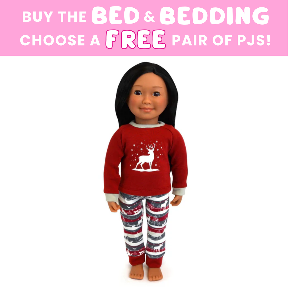 Doll wearing a red pyjama set with a reindeer design on a white background