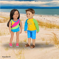 girl and boy doll on beach wearing keep on kayaking and jump in the lake swim sets.