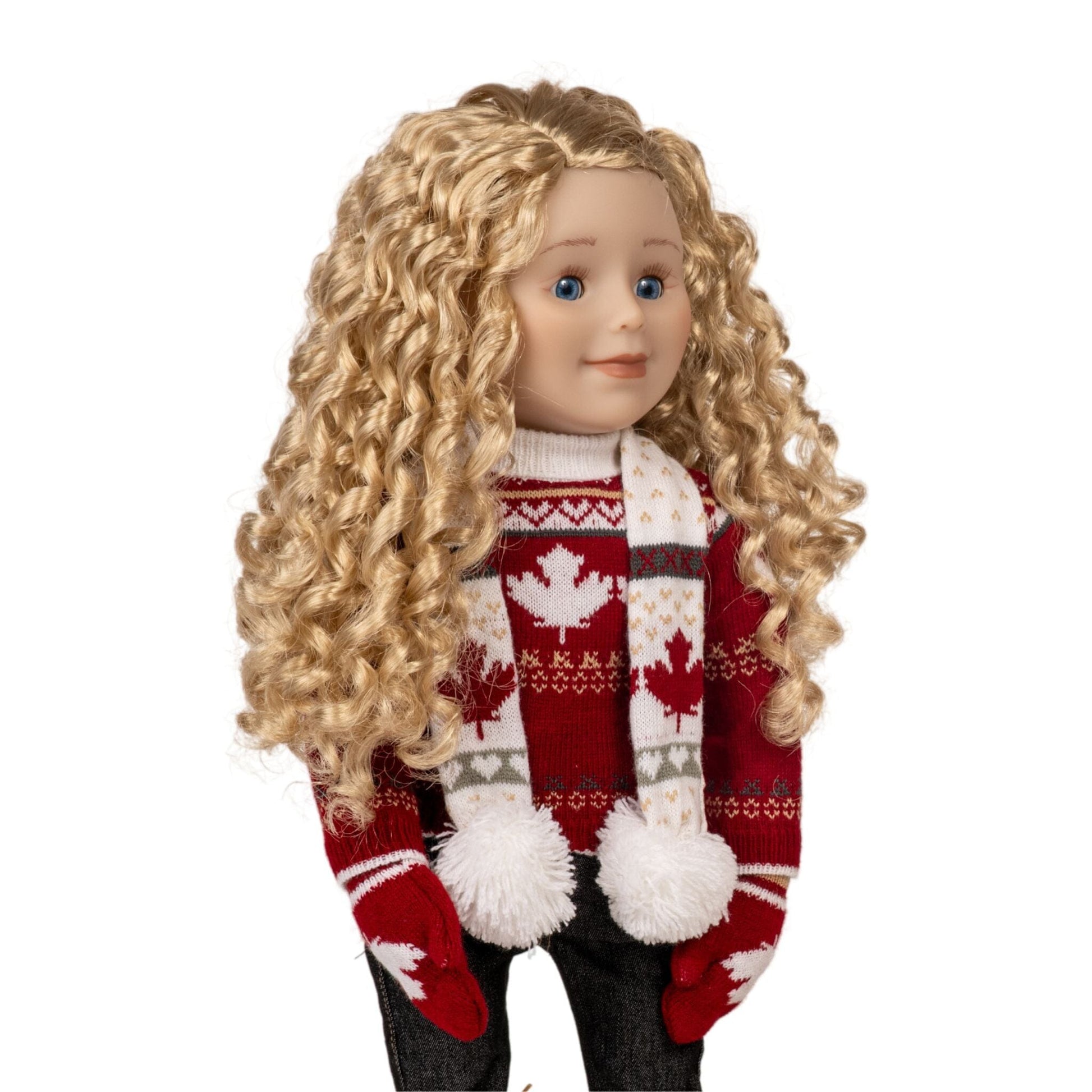 18-inch girl doll wearing maple cabin forest maple leaf sweater and matching scarf and mittens.