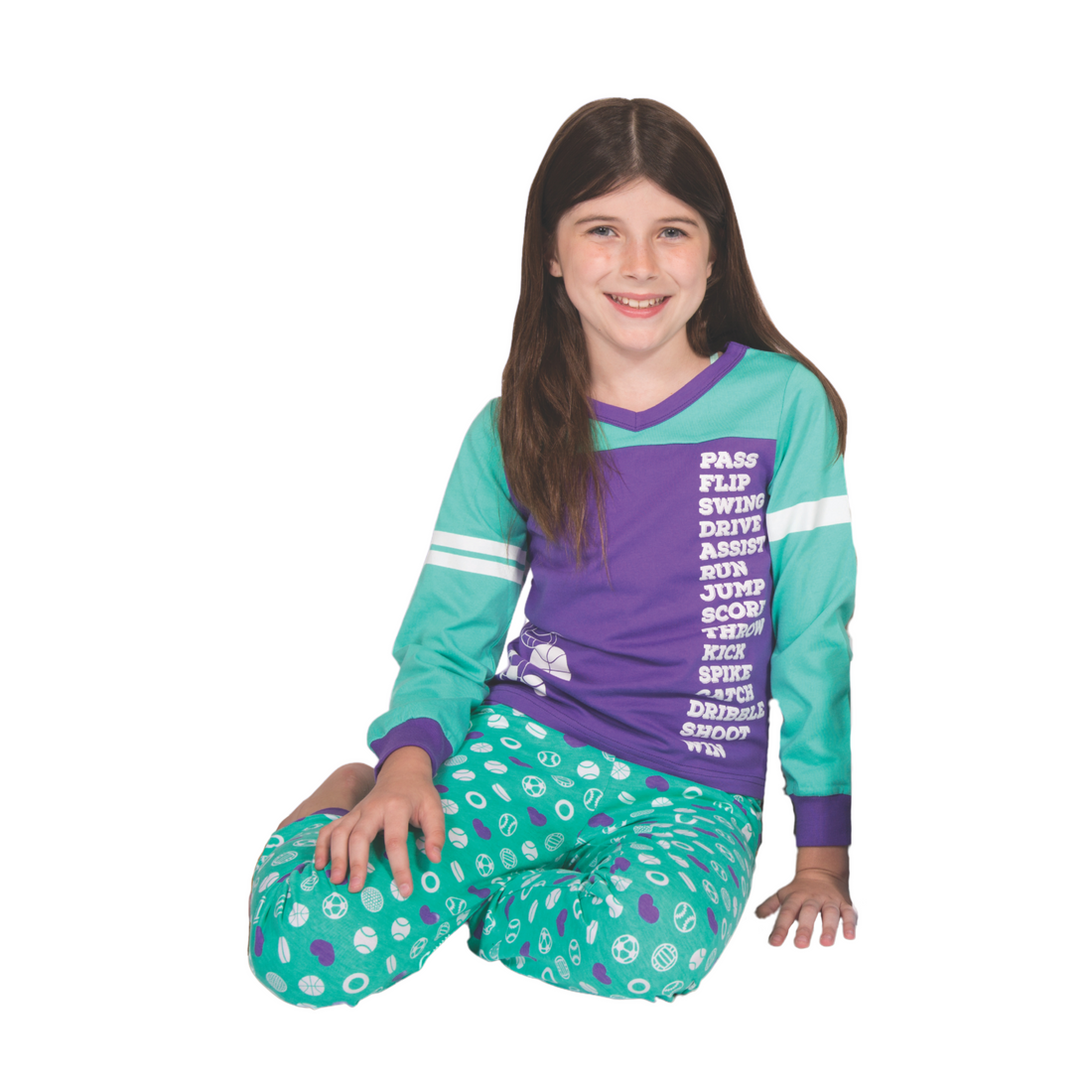 girl wearing teal and purple sports themed pajamas for girls.