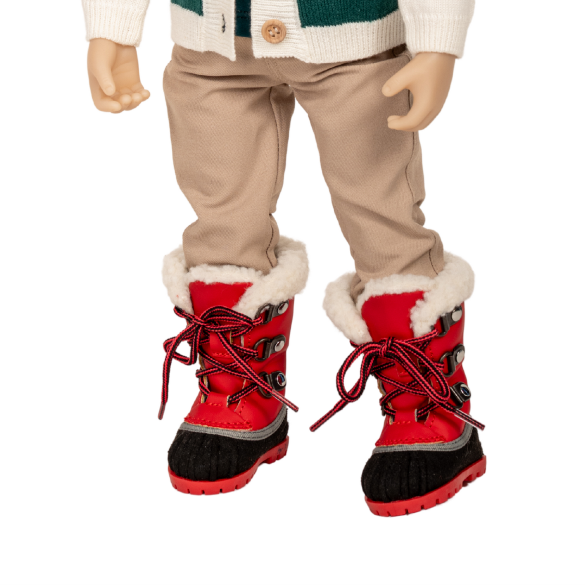 18-inch doll wearing a colourful striped sweater and red sherpa lined lace up snow boots.