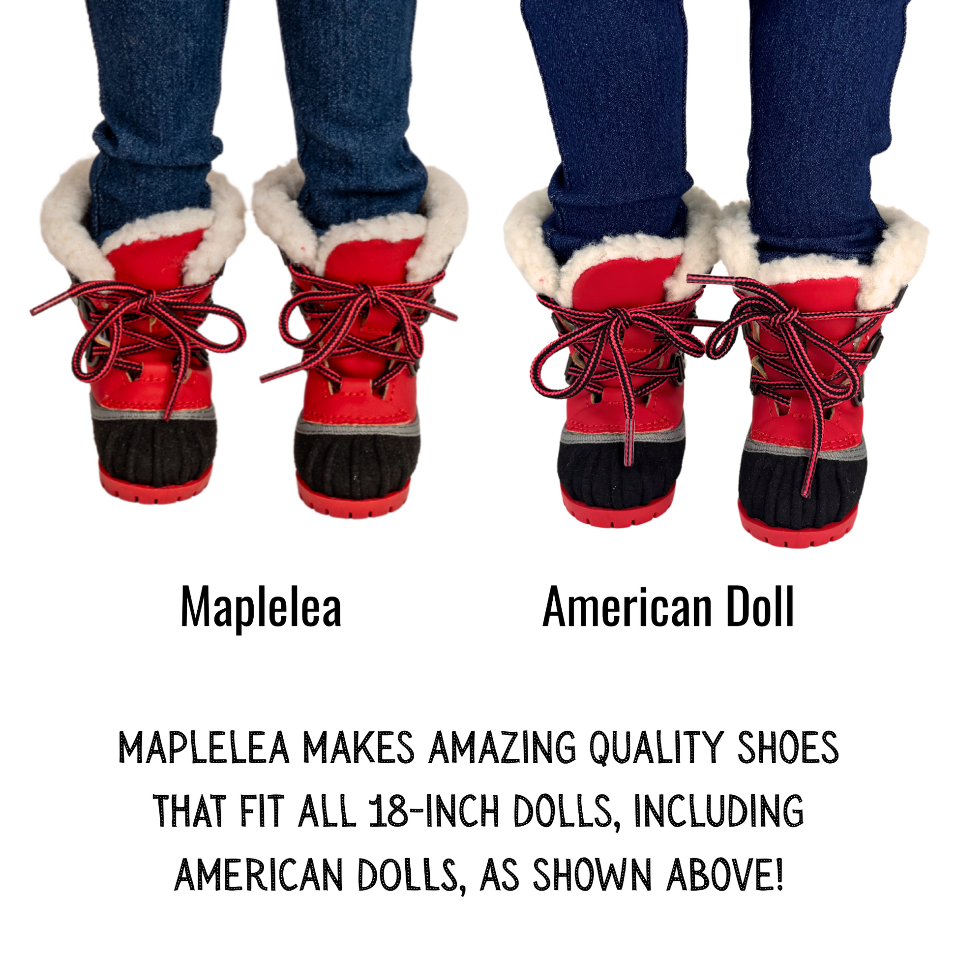 Red sherpa lined lace up snow boots with metal D-rings and tie-up laces being shown on Maplelea doll and American doll.