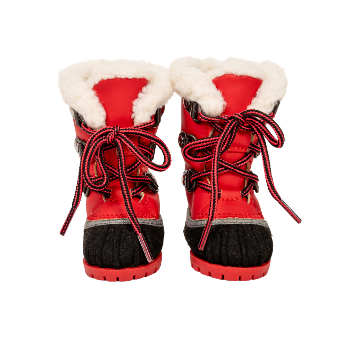 Red and black sherpa lined winter boots with metal D-rings and real tie up laces for 18-inch dolls.