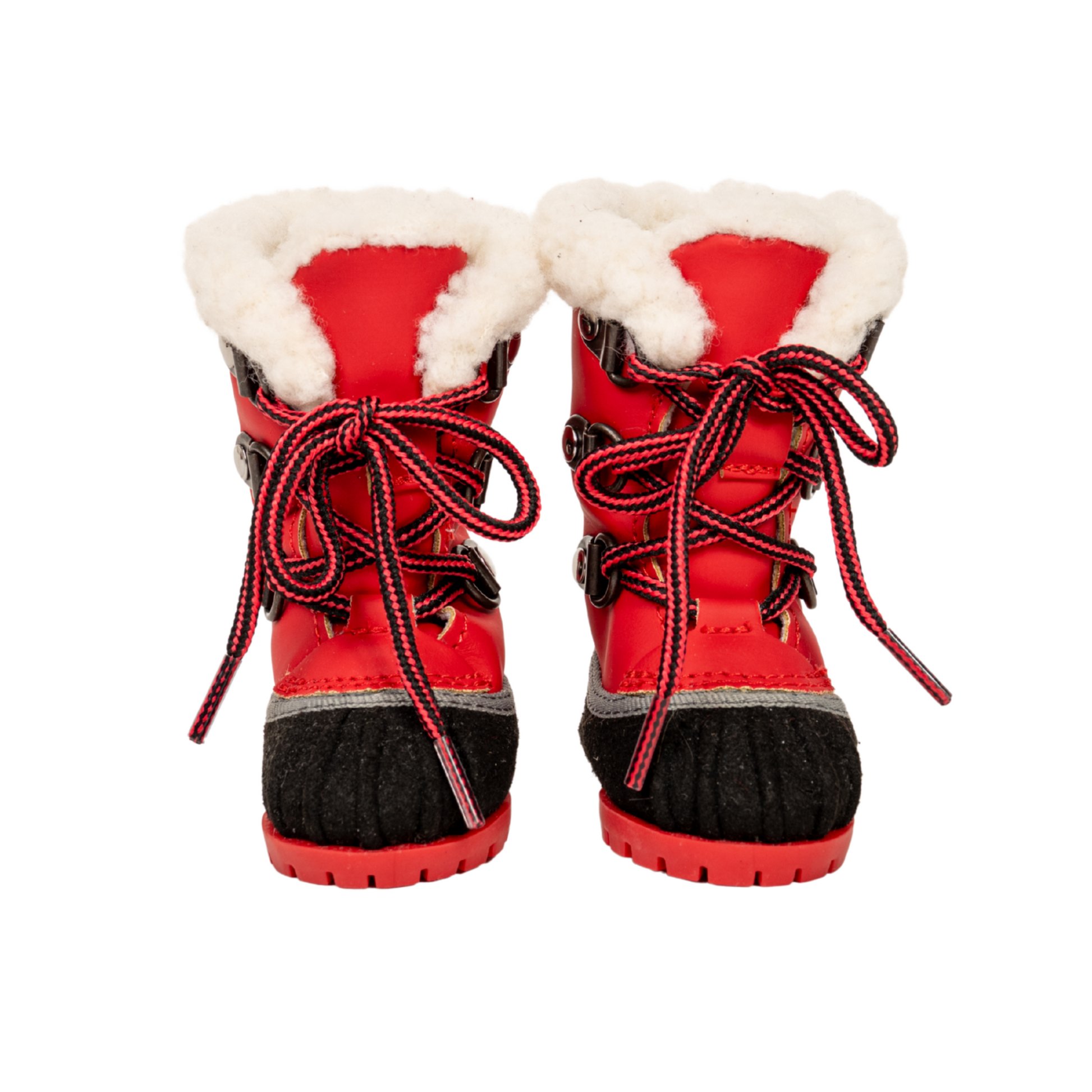 Red and black sherpa lined winter boots with metal D-rings and real tie up laces for 18-inch dolls.