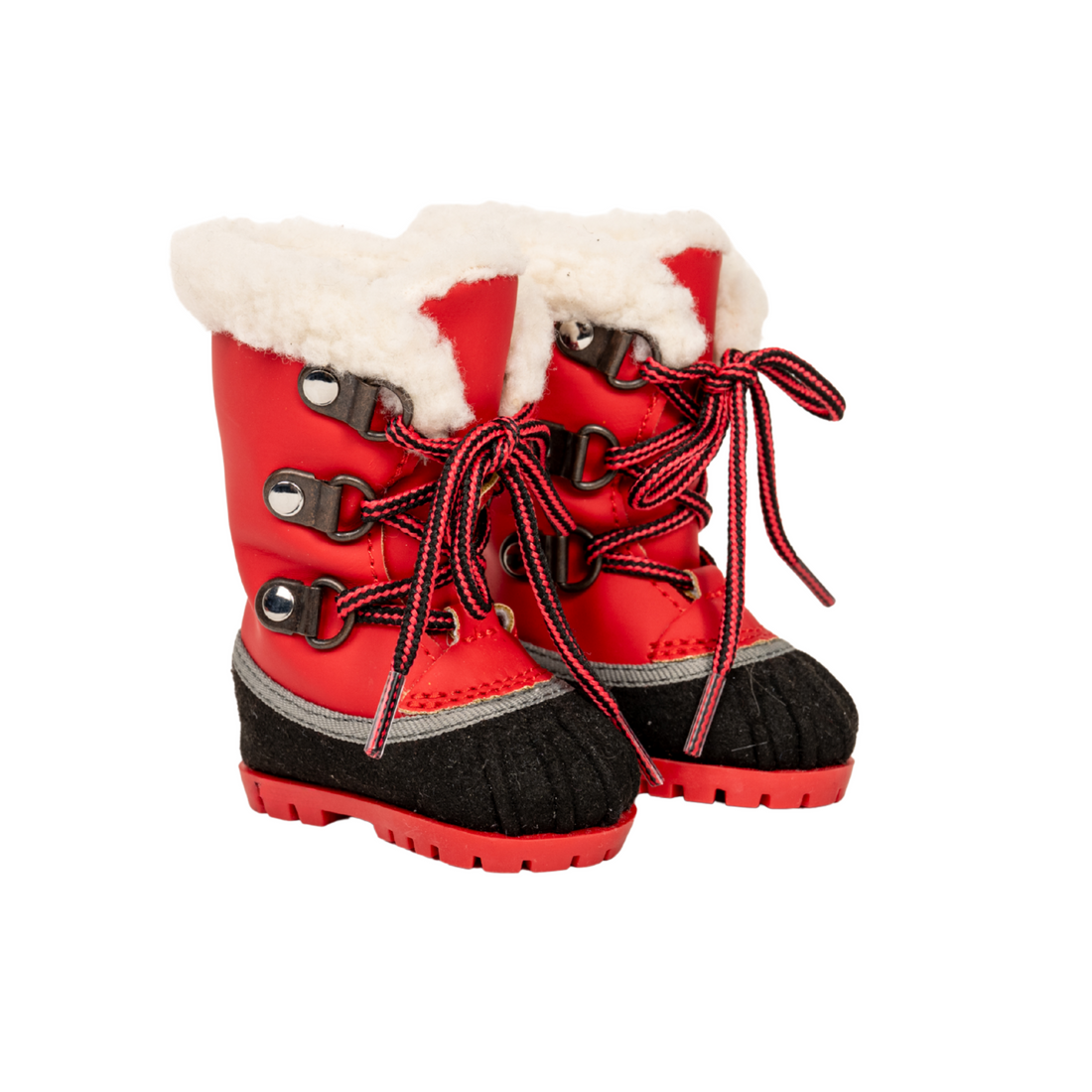 Red and black sherpa lined winter boots with metal D-rings and real tie up laces for 18-inch dolls.