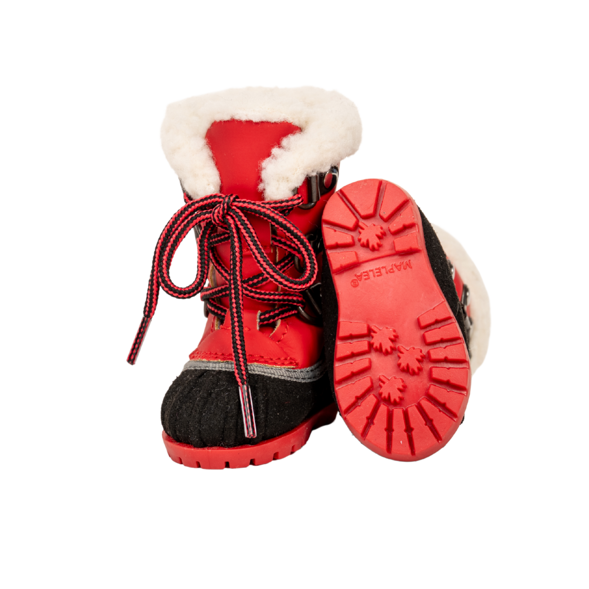 Red sherpa lined winter boots with real tie up laces for 18-inch dolls. Showing the sole with Maplelea's trademark maple leaf sole!