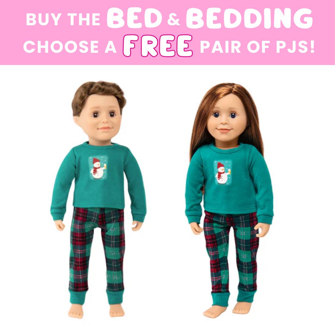 Two dolls wearing teal pyjamas with plaid pants on a white background, promotional text for free pyjamas offer.