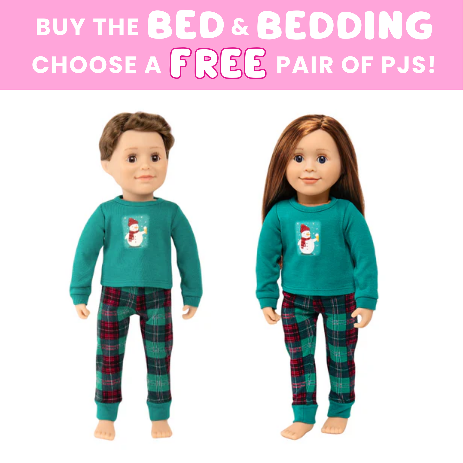 Two dolls wearing teal pyjamas with plaid pants on a white background, promotional text for free pyjamas offer.