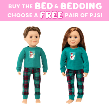 Two dolls wearing teal pyjamas with plaid pants on a white background, promotional text for free pyjamas offer.