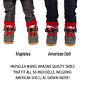 Maplelea doll and American doll wearing grey and plaid hiking boots with red elastic laces. They fit both dolls well.